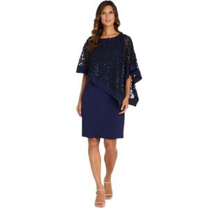 R&M RICHARDS NAVY LACE SEQUINS ASYMMETRIC KNEE LENGTH CAPELET SHEATH DRESS Sz14P